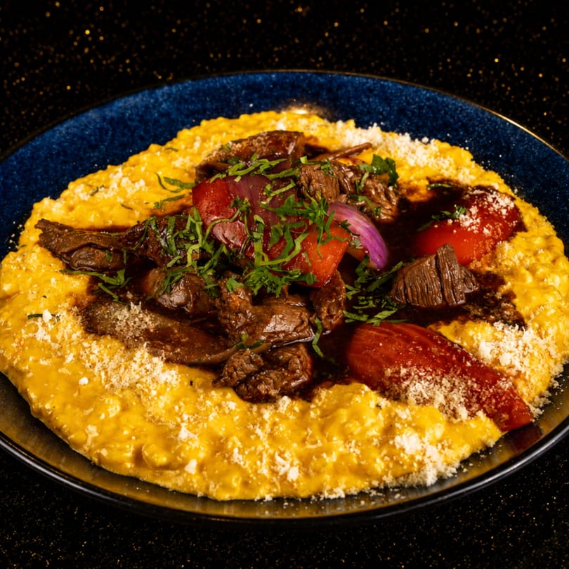 Peruvian Lomo Saltado with beef, red onions, tomatoes, and cilantro over yellow risotto.