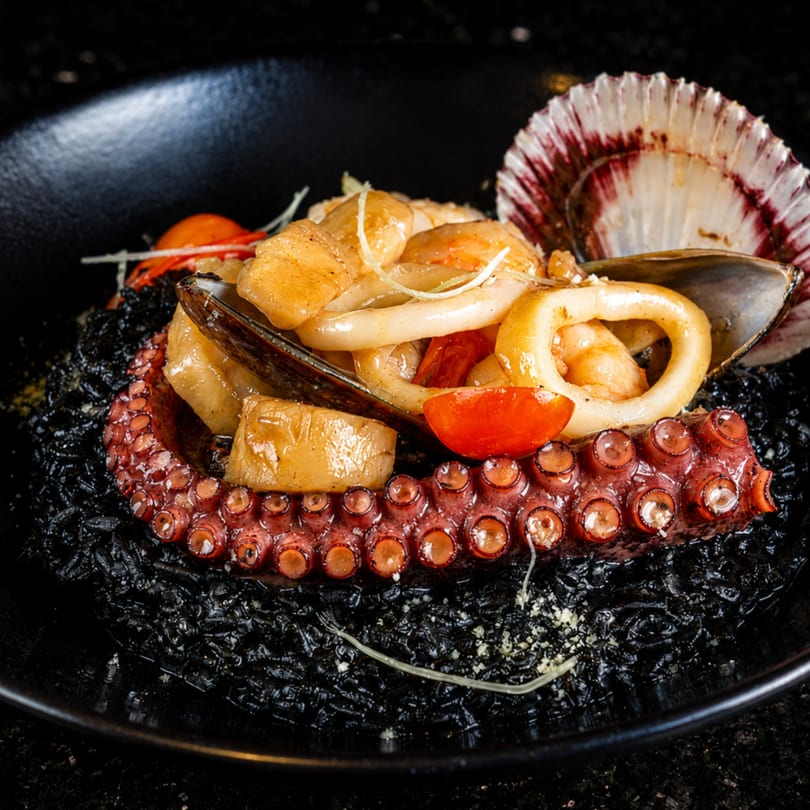 Seafood dish with octopus, calamari, mussels, and scallops on black risotto, garnished with a scallop shell.